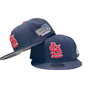 ST. LOUIS CARDINALS NAVY 2004 WORLD SERIES ONFIELD GRAY BRIM NEW ERA FITTED HAT