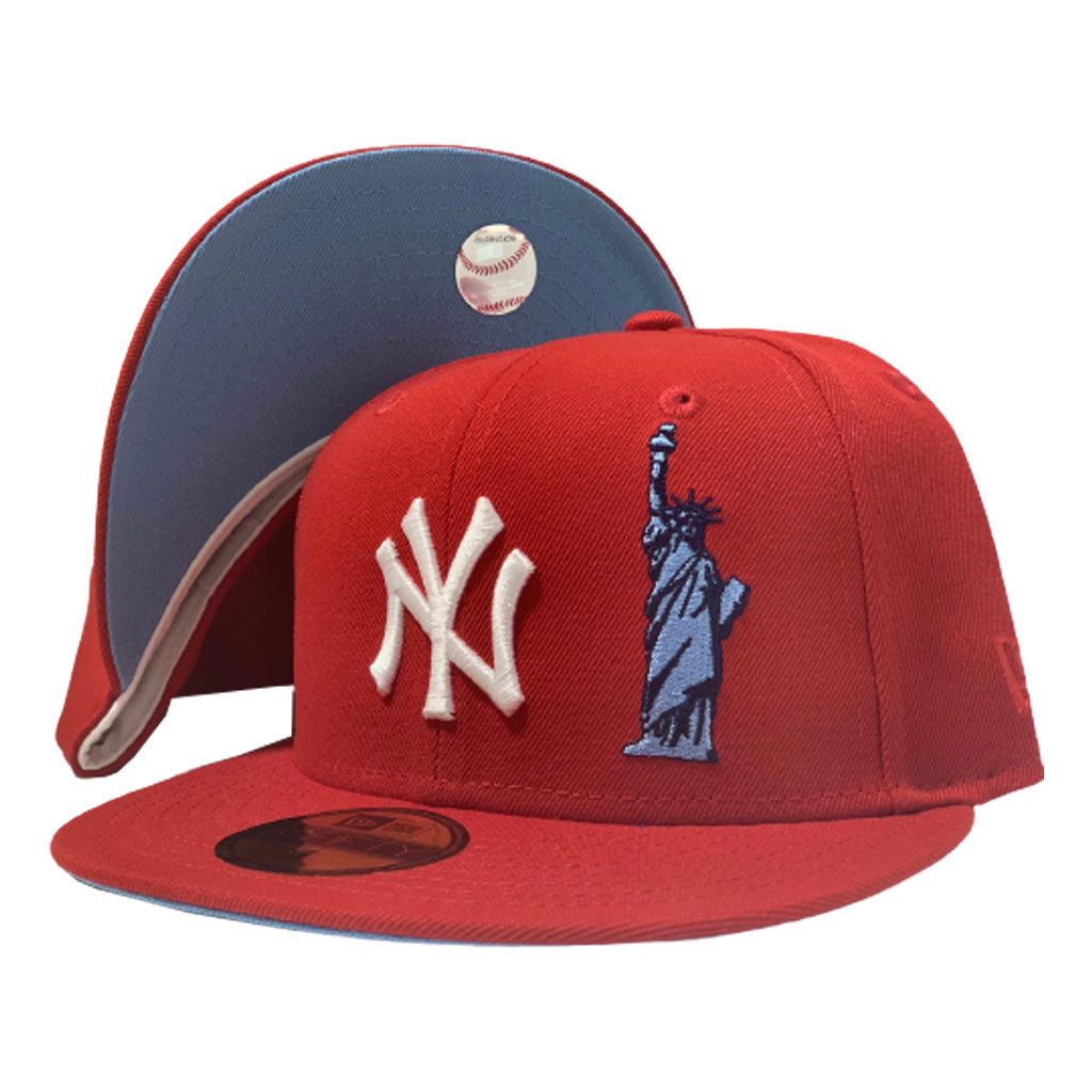 STATUE OF LIBERTY NEW YORK YANKEES RED ICY BRIM NEW ERA FITTED HAT