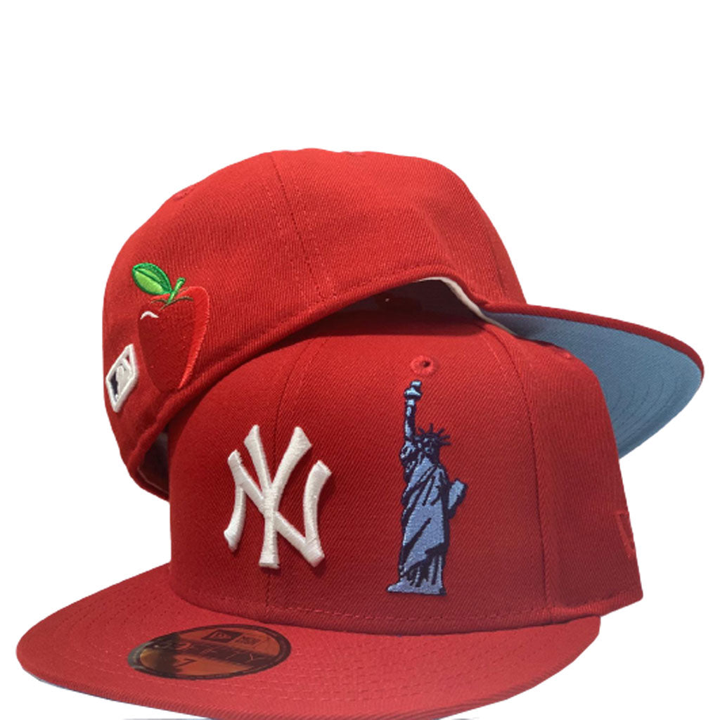 STATUE OF LIBERTY NEW YORK YANKEES RED ICY BRIM NEW ERA FITTED HAT