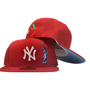 STATUE OF LIBERTY NEW YORK YANKEES RED ICY BRIM NEW ERA FITTED HAT