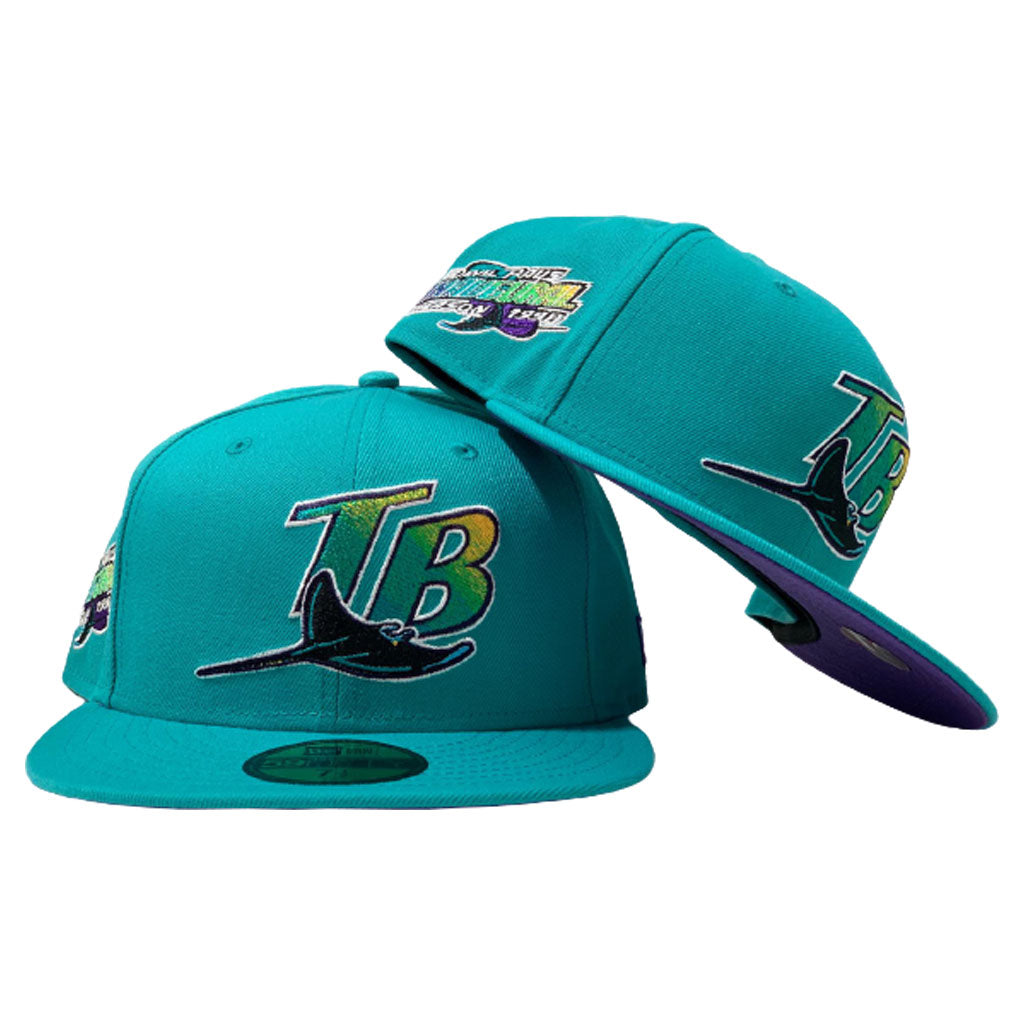 TAMPA BAY DEVIL RAYS 1998 INAUGURAL SEASON PRUPLE BRIM TEAL NEW ERA FITTED