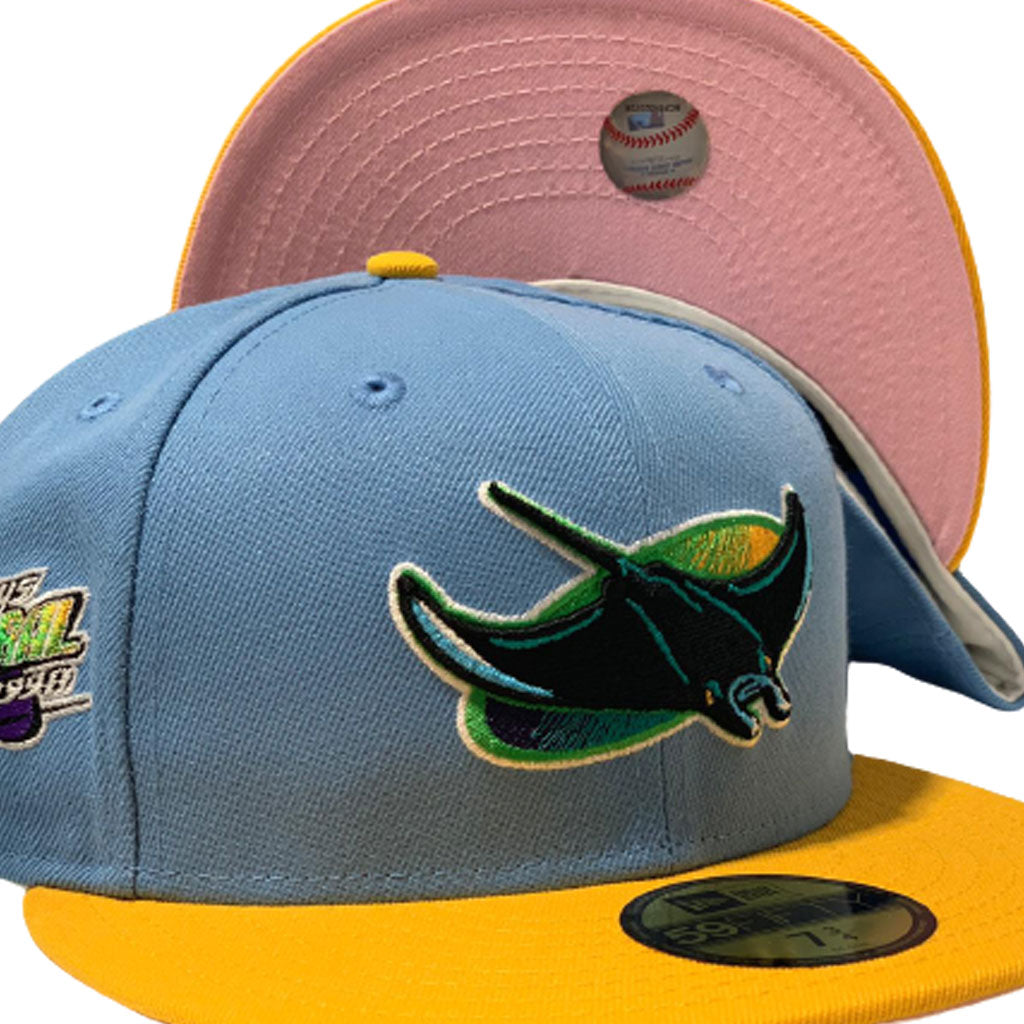 TAMPA BAY DEVIL RAYS 1998 INAUGURAL SEASON SKY BLUE WITH YELLOW VISOR PINK BRIM NEW ERA FITTED HAT