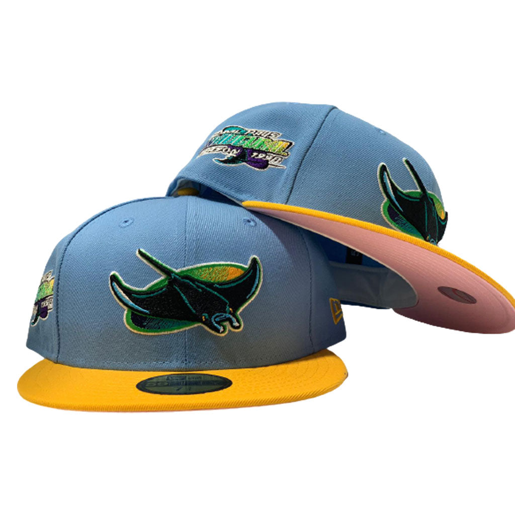 TAMPA BAY DEVIL RAYS 1998 INAUGURAL SEASON SKY BLUE WITH YELLOW VISOR PINK BRIM NEW ERA FITTED HAT