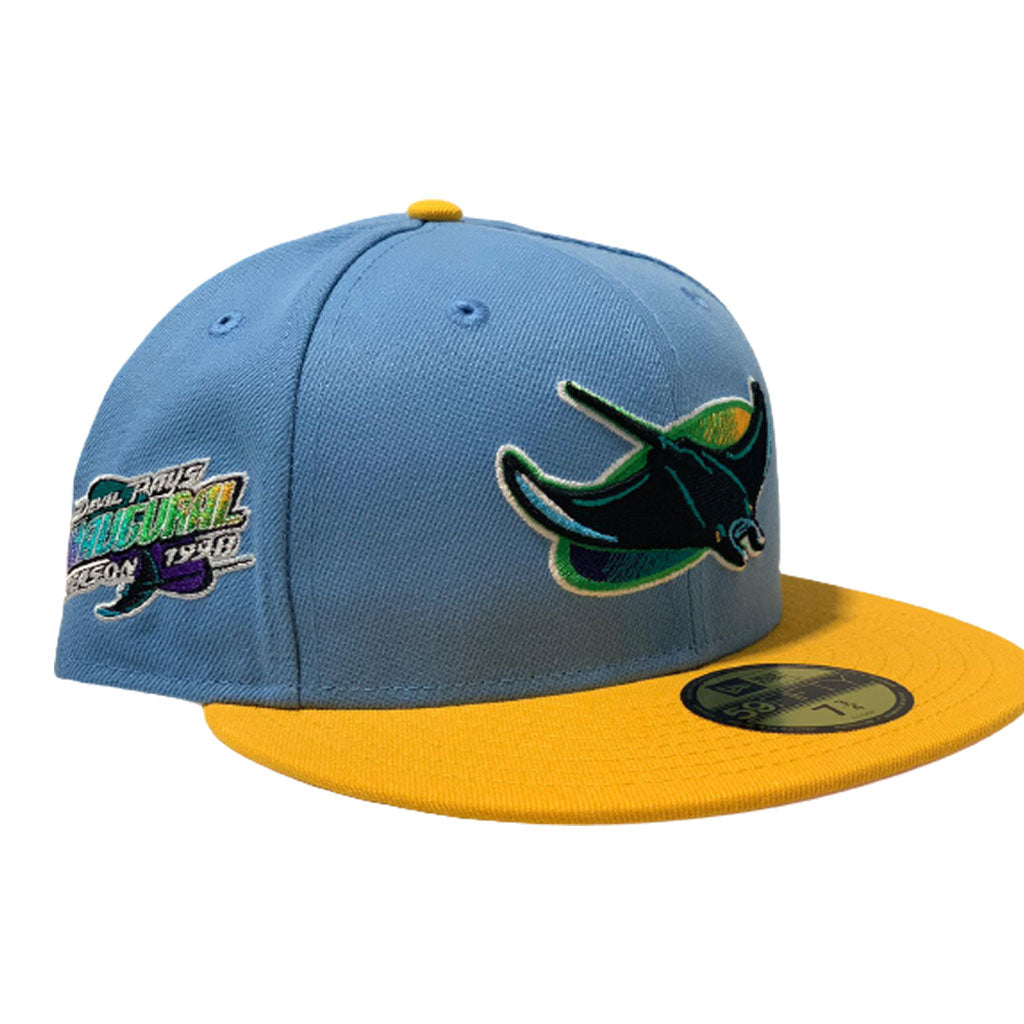 TAMPA BAY DEVIL RAYS 1998 INAUGURAL SEASON SKY BLUE WITH YELLOW VISOR PINK BRIM NEW ERA FITTED HAT