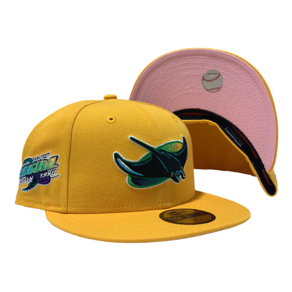 TAMPA BAY DEVIL RAYS INAUGURAL SEASON YELLOW CAP PINK BRIM NEW ERA FITTED HAT