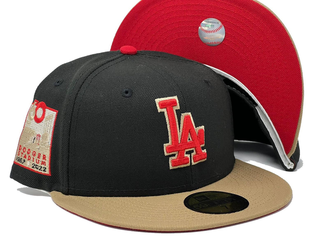 LOS ANGELES DODGERS 60TH ANNIVERSARY BLACK CAMEL RED BRIM NEW ERA FITTED HAT