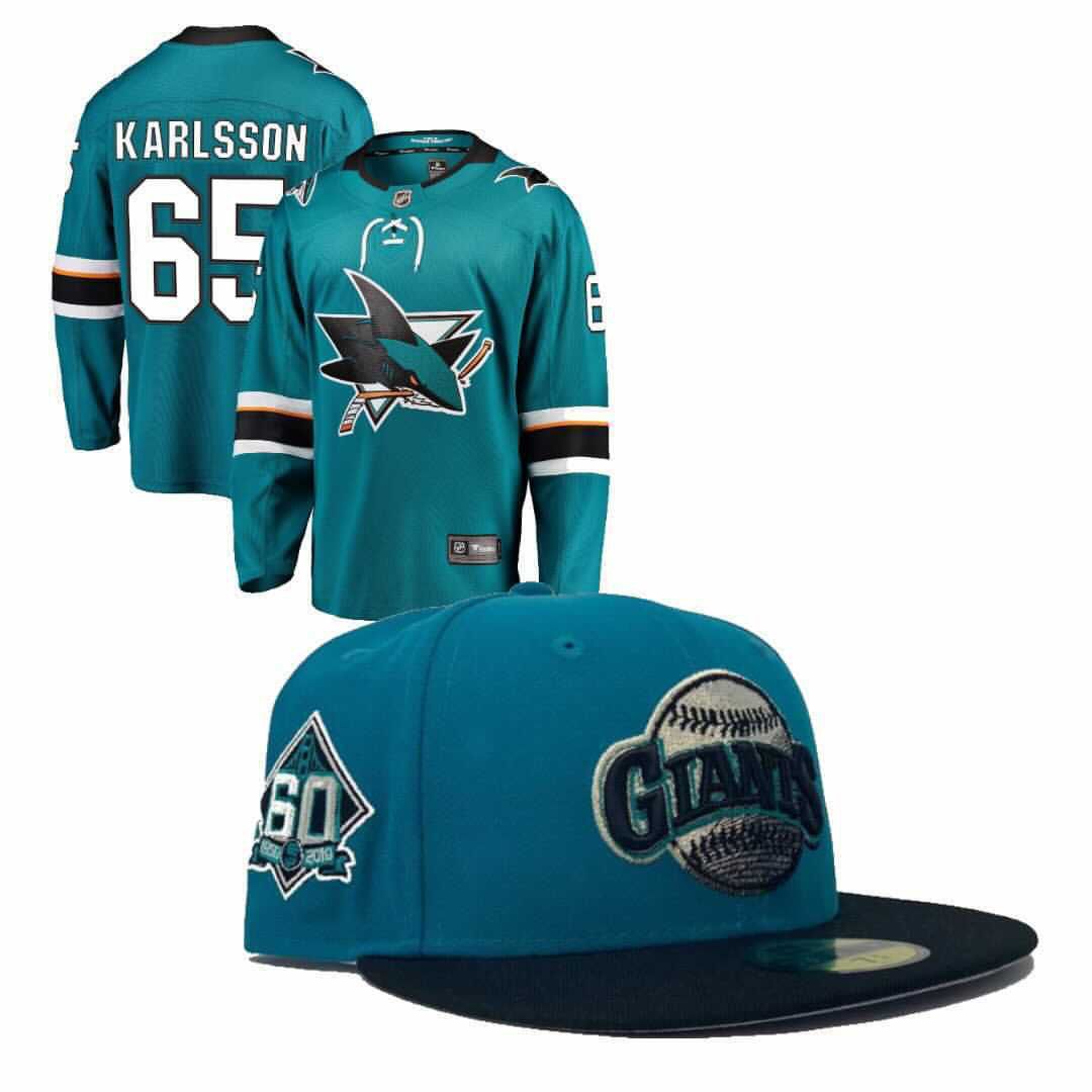 SAN FRANCISCO GIANTS 60TH ANNIVERSARY "NHL CROSS OVER" AQUA  GRAY BRIM NEW ERA FITTED HAT
