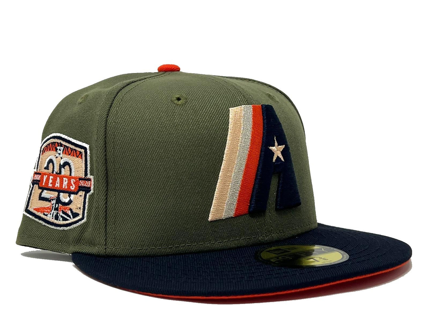 HOUSTON ASTROS 20TH ANNIVERSARY OLIVE GREEN NAVY ORANGE BRIM NEW ERA FITTED HAT