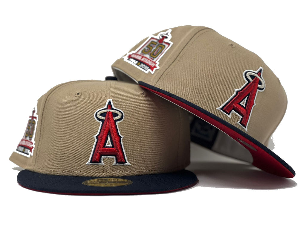 ANAHIEM ANGELS 50TH ANNIVERSARY CAMEL NAVY VISOR RED BRIM NEW ERA FITTED HAT