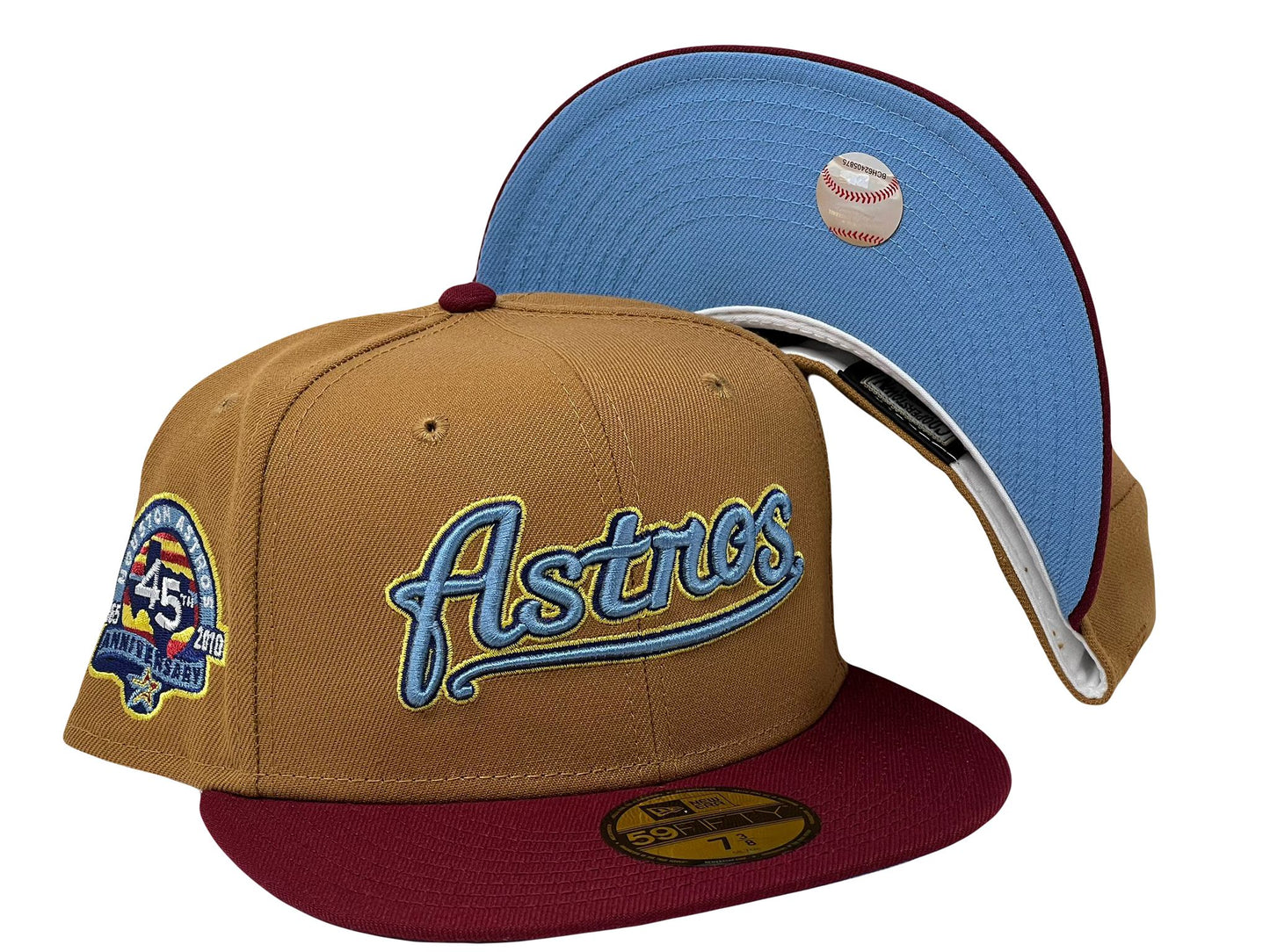 HOUSTON ASTROS 45TH ANNIVERSARY LIGHT BRONZE BURGUNDY VISOR SKY BLUE BRIM NEW ERA FITTED HAT