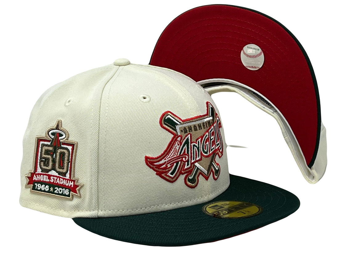 Anahiem Angeles 50th Anniversary Off White Dark Green Red Brim New Era Fitted Hat