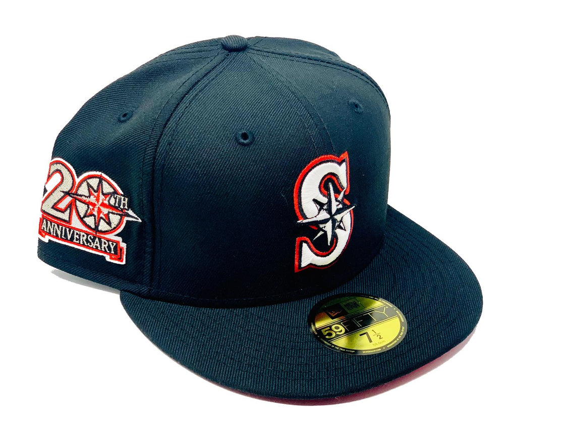 SEATTLE MARINERS 20TH ANNIVERSARY BLACK RED BRIM NEW ERA FITTED HAT