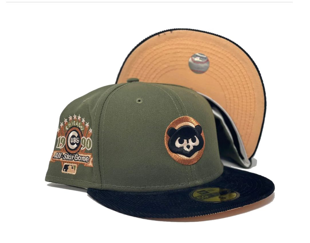 CHICAGO CUBS 1990 ALL STAR GAME OLIVE GREEN BLACK CORDUROY VISOR PEACH BRIM NEW ERA FITTED HAT