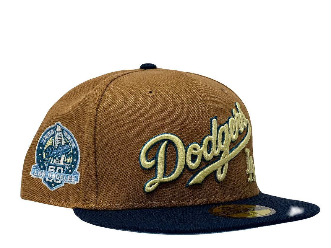 LOS ANGELES DODGERS 60TH ANNIVERSARY LIGHT BRONZE NAVY VISOR ICY BRIM NEW ERA FITTED HAT