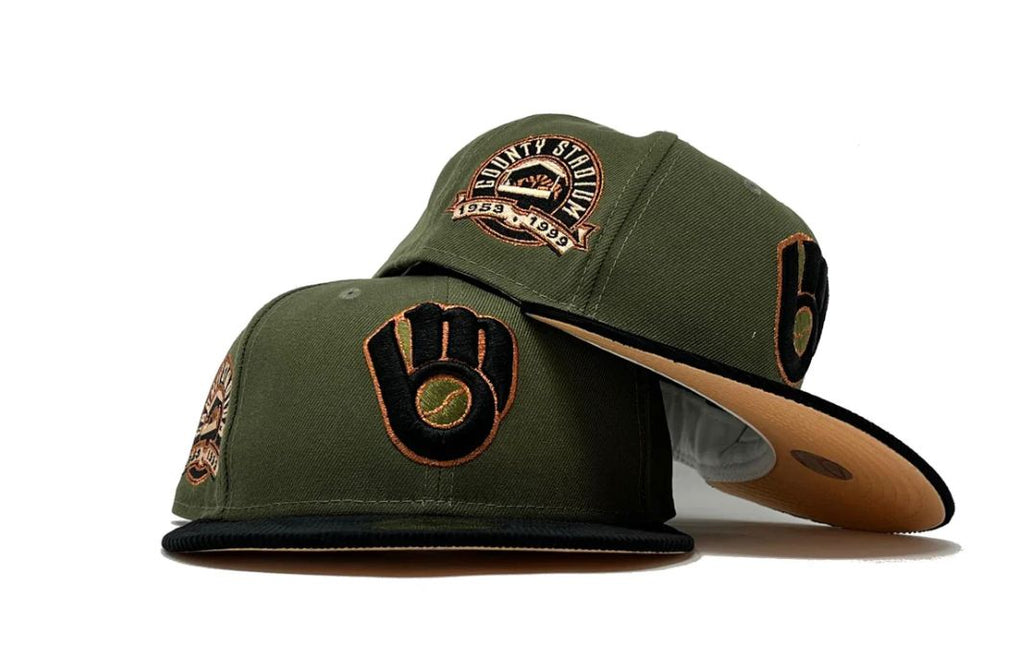 MILWAUKEE BREWERS COUNTY STADIUM OLIVE BLACK CORDUROY VISOR PEACH BRIM NEW ERA FITTED HAT