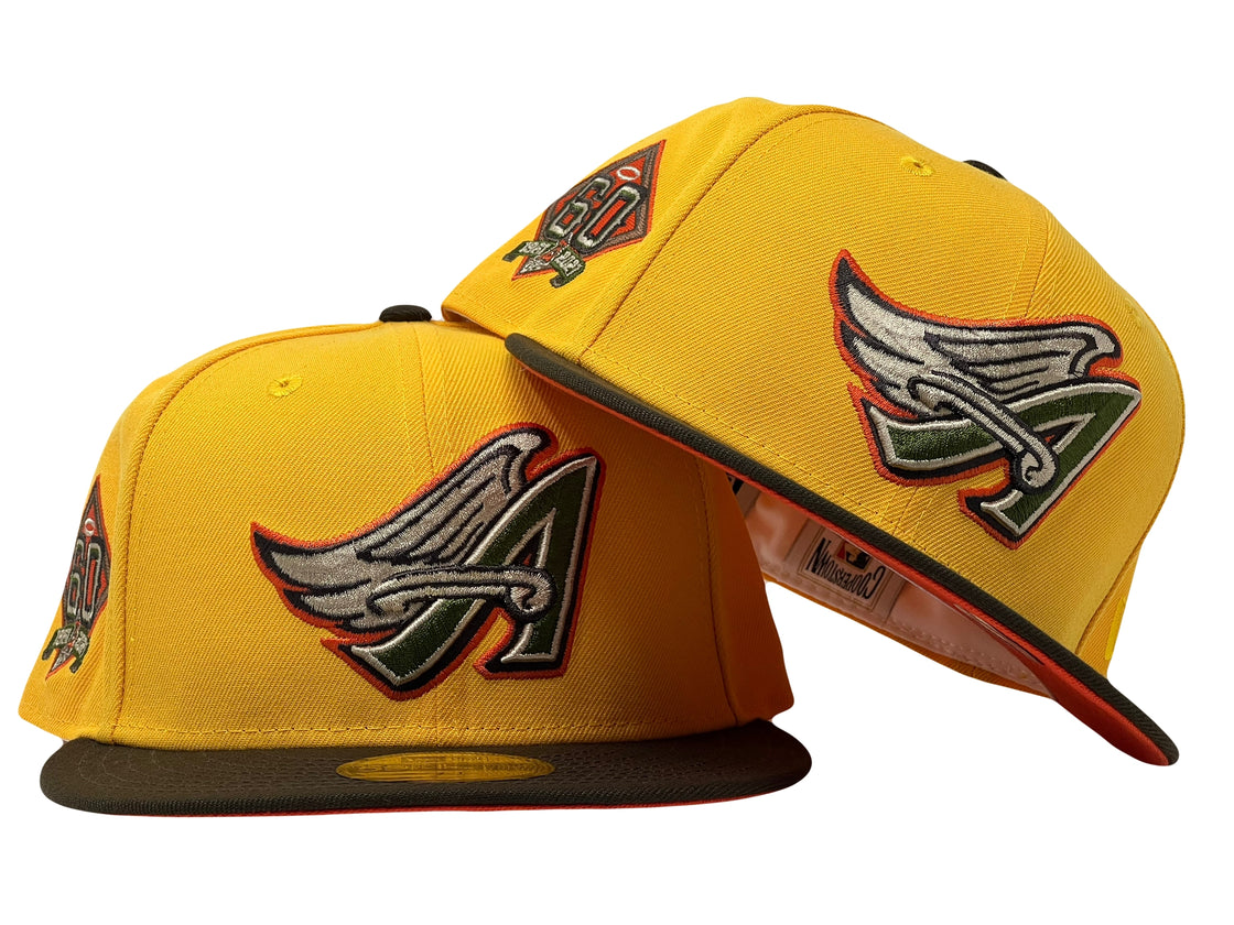 LOS ANGELES ANGELS 60TH ANNIVERSARY TAXI YELLOW BROWN VISOR ORANGE BRIM NEW ERA FITTED HAT