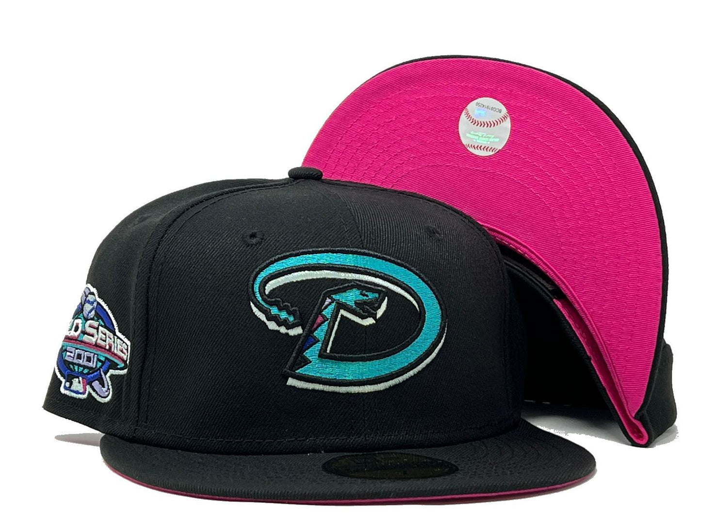 ARIZONA DIAMONDBACKS 2001 WORLD SERIES BLACK FUSION PINK BRIM NEW ERA FITTED HAT