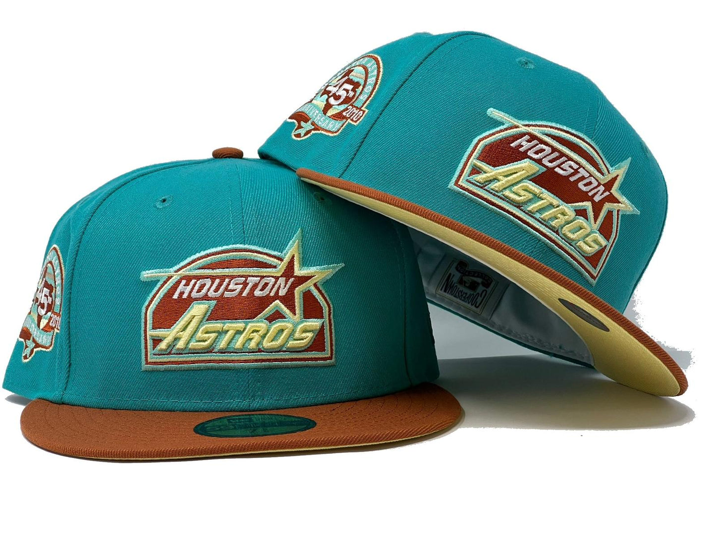 HOUSTON ASTROS 45TH ANNIVERSARY TEAL RUST ORANGE VISOR BUTTER POPCORN BRIM NEW ERA FITTED HAT