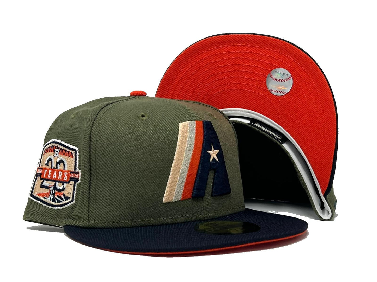 HOUSTON ASTROS 20TH ANNIVERSARY OLIVE GREEN NAVY ORANGE BRIM NEW ERA FITTED HAT