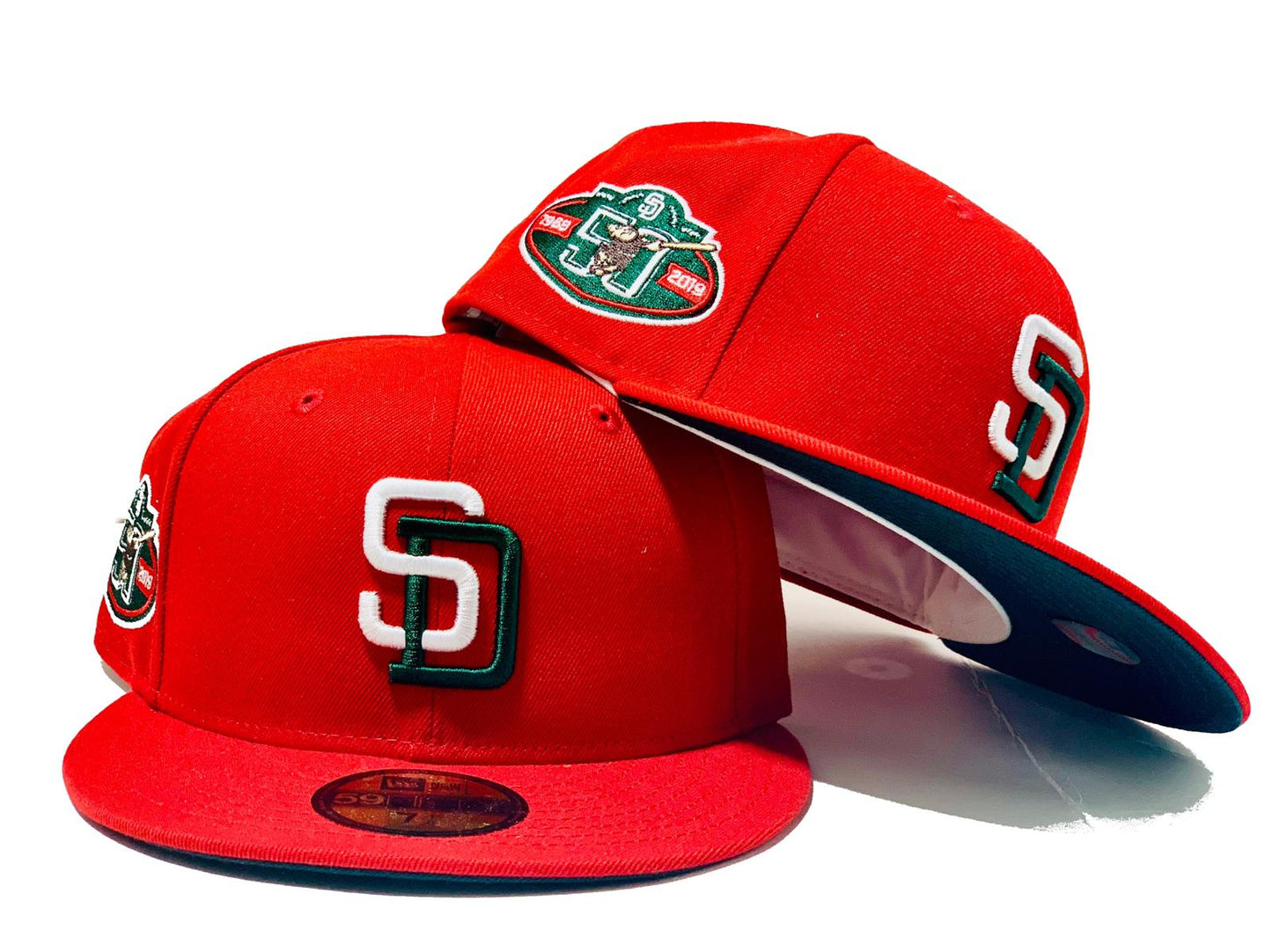 SAN DIEGO PADRES 50TH ANNIVERSARY XMAS COLOR RED GREEN BRIM NEW ERA FITTED HAT