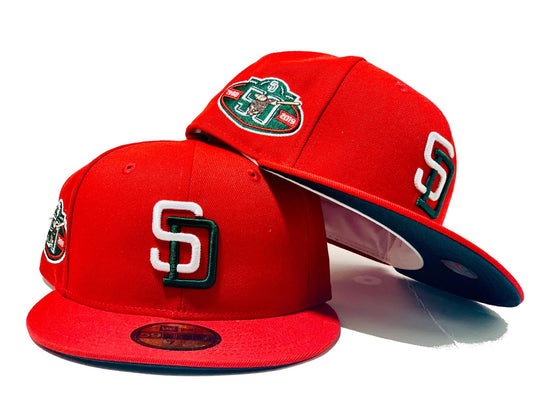 SAN DIEGO PADRES 50TH ANNIVERSARY XMAS COLOR RED GREEN BRIM NEW ERA FITTED HAT