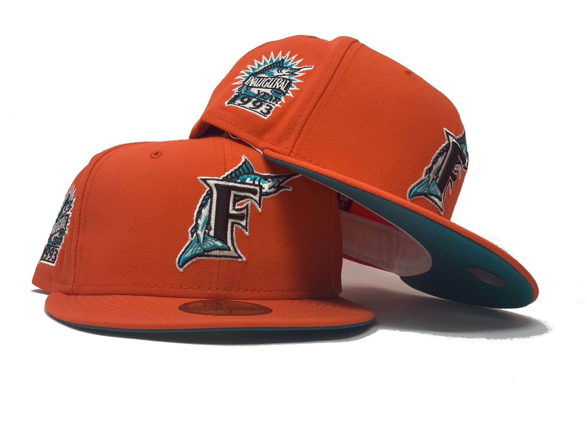 New Era Florida Marlins Inaugural Year 1993 Sneaky Blue Peach Two Tone  Edition 59Fifty Fitted Hat, EXCLUSIVE HATS, CAPS