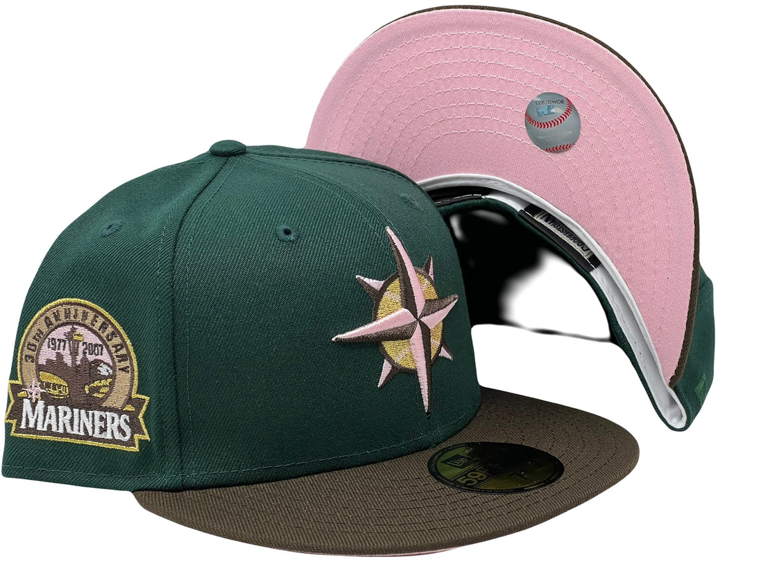 SEATTLE MARINERS 30TH ANNIVERSARY BROWN GREEN VISOR PINK BRIM NEW ERA FITTED HAT