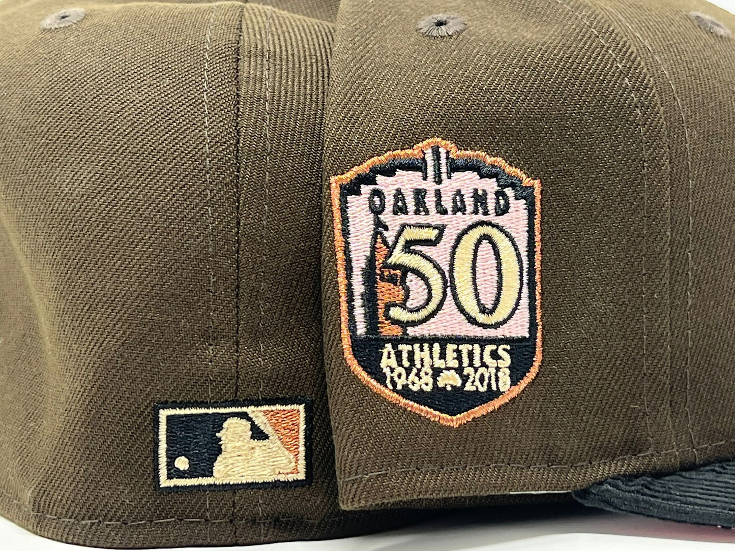 OAKLAND ATHLETICS 50TH ANNIVERSARY BROWN BLACK CORDUROY VISOR PINK BRIM NEW ERA FITTED HAT