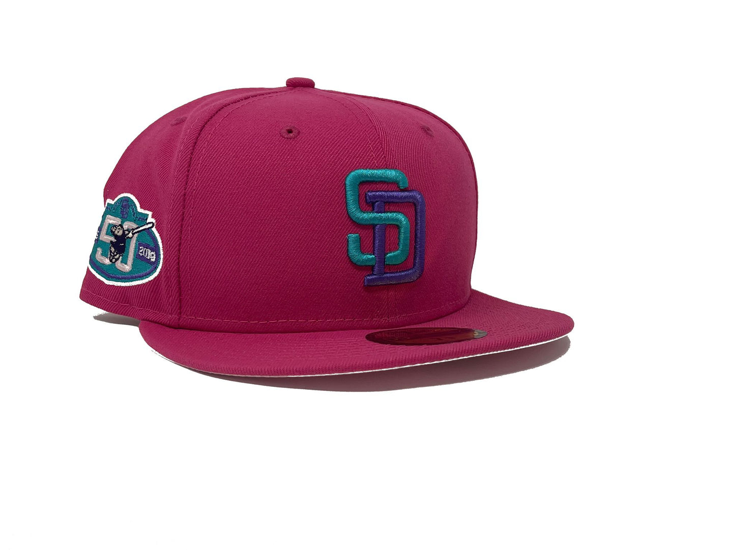 SAN DIEGO PADRES 50TH ANNIVERSARY "BUBBLE TAPE" PINK BRIM NEW ERA FITTED HAT
