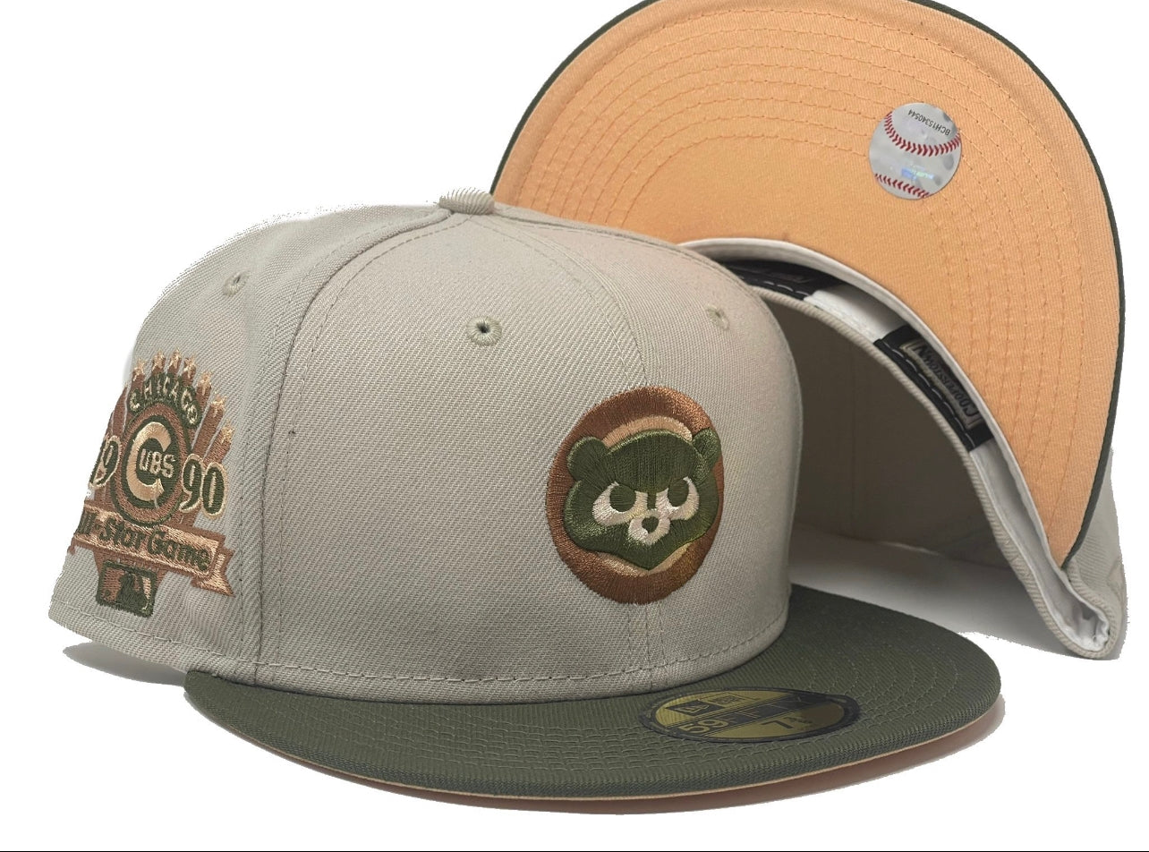 CHICAGO CUBS 1990 ALL STAR GAME STONE OLIVE GREEN VISOR PEACH BRIM NEW ERA FITTED HAT