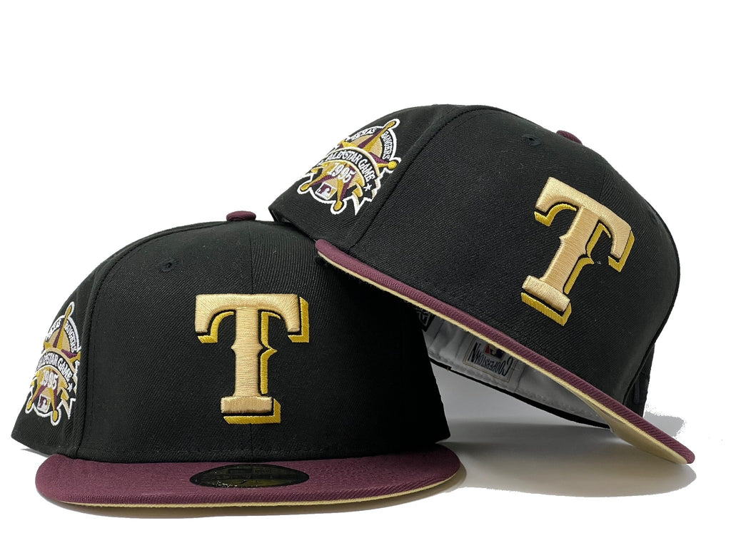 TEXAS RANGERS 1995 ALL STAR GAME BLACK MAROON VISOR VEGAS GOLD BRIM NEW ERA FITTED HAT