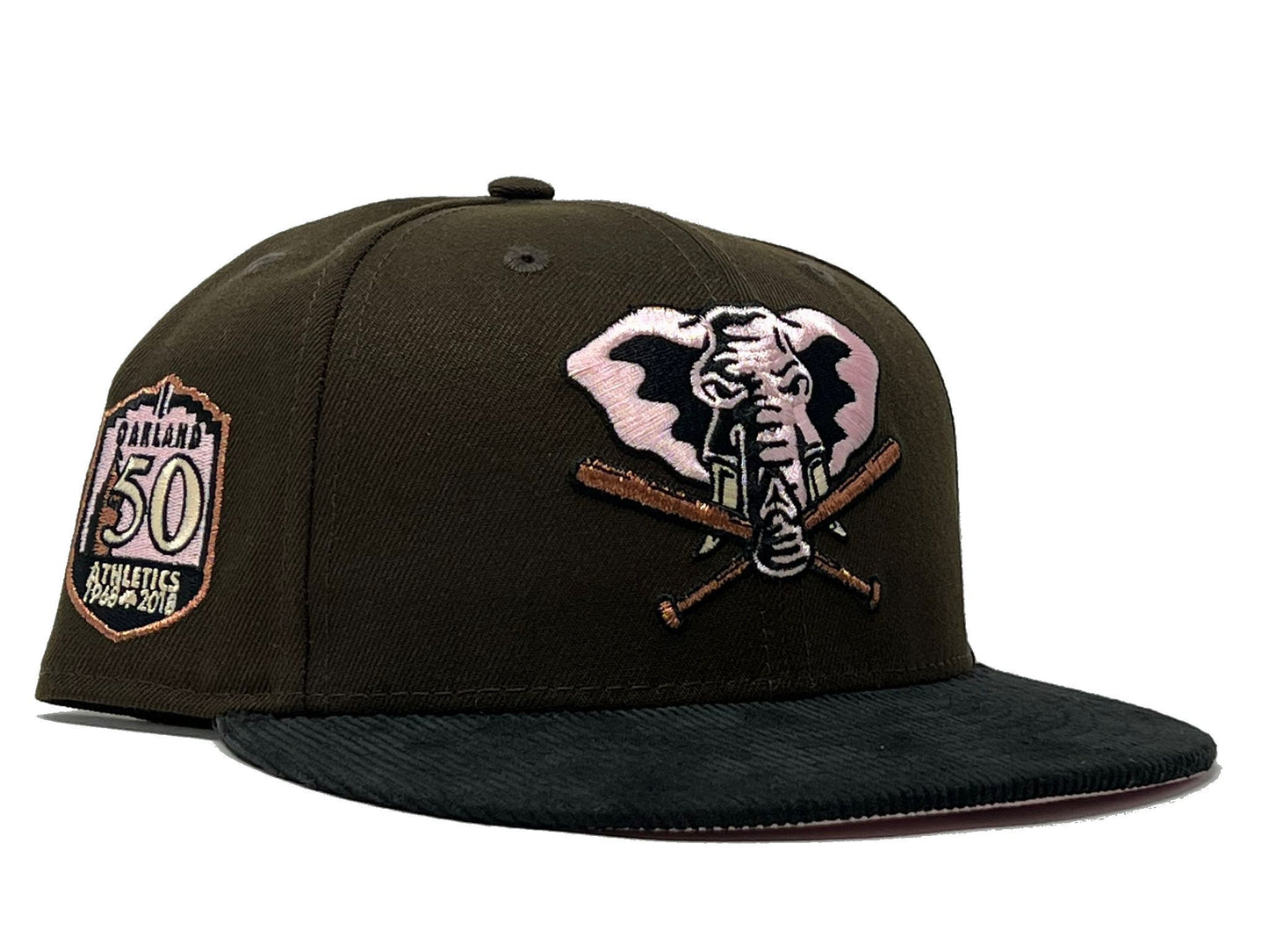 OAKLAND ATHLETICS 50TH ANNIVERSARY BROWN BLACK CORDUROY VISOR PINK BRIM NEW ERA FITTED HAT