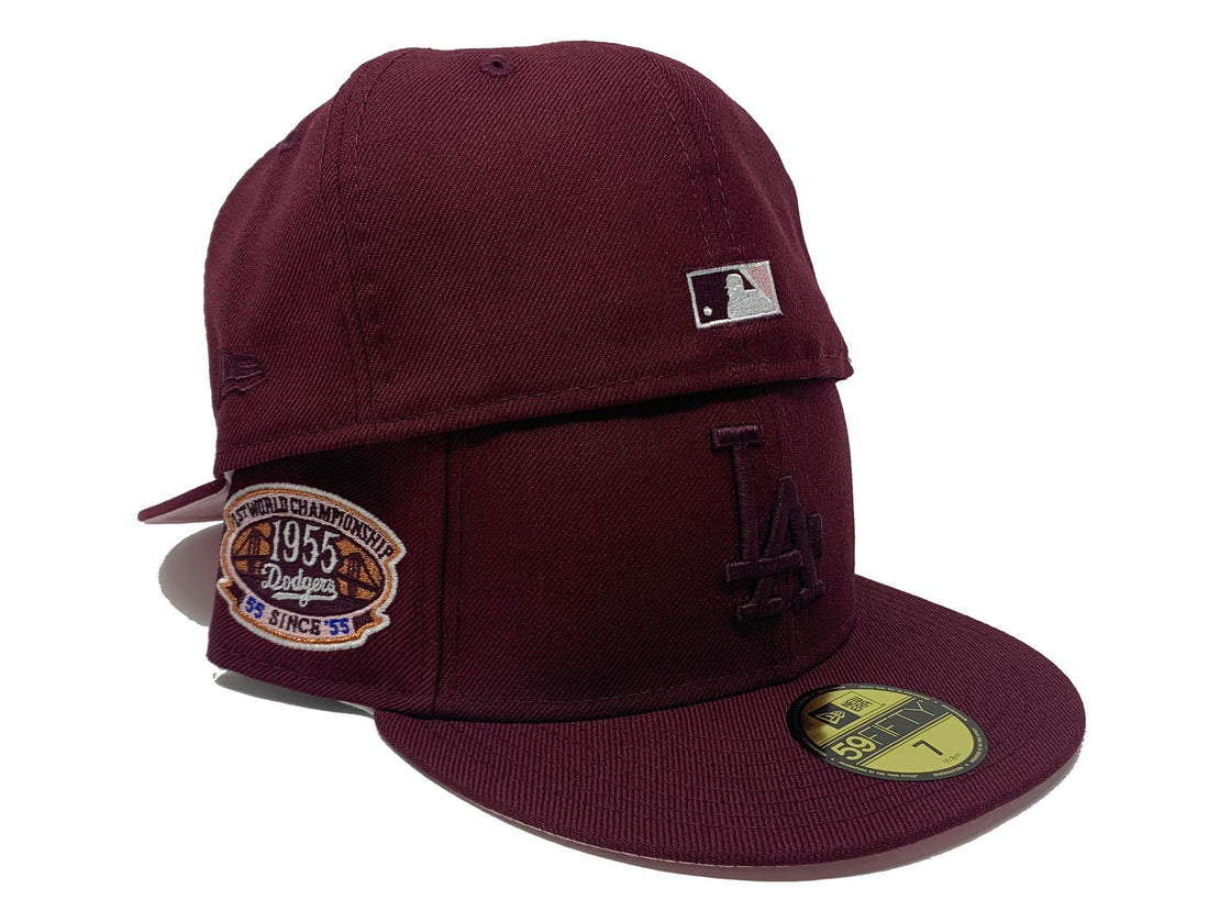 LOS ANGELES DODGERS 1955 WORLD CHAMPIONS MAROON PINK BRIM NEW ERA FITTED HAT