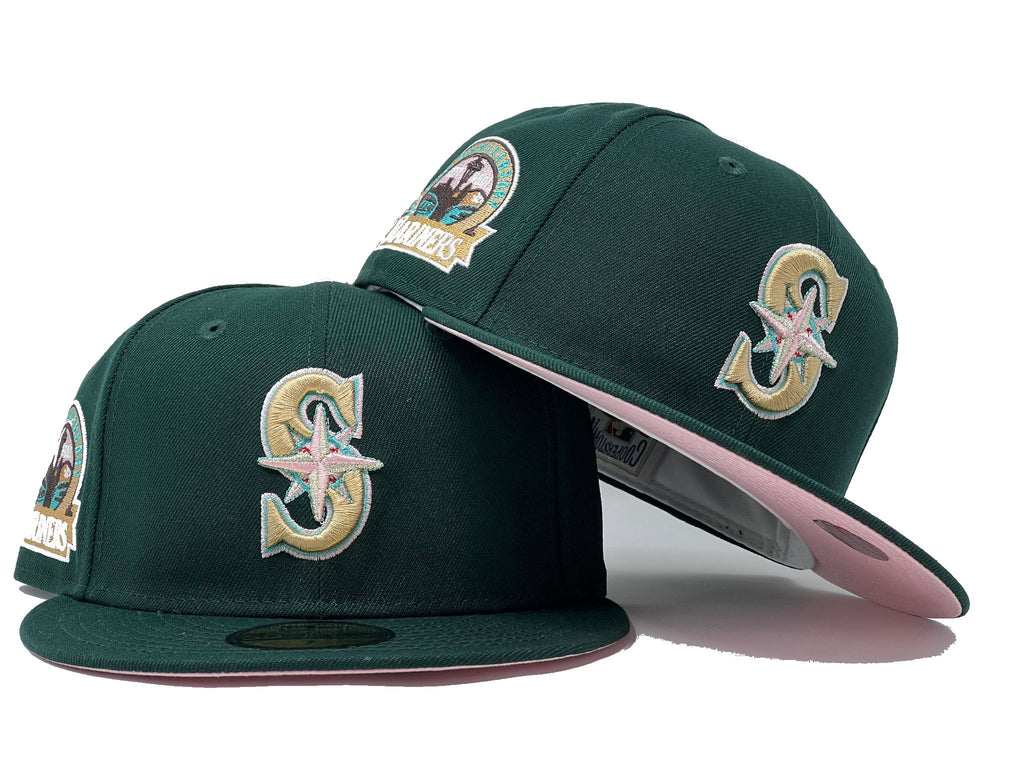 Seattle Mariners 35th Anniversary Dark Green Pink Brim Fitted Hats