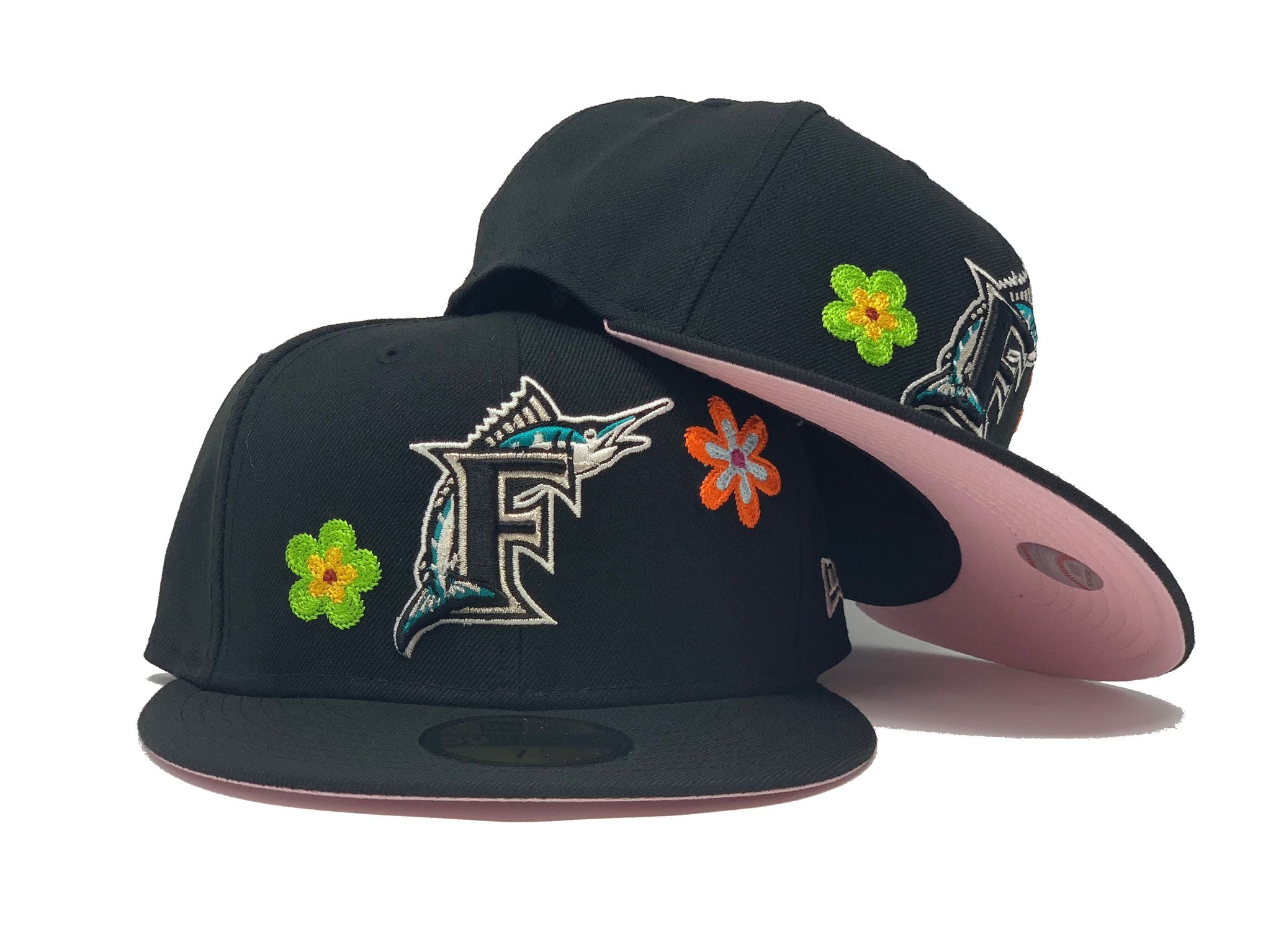 Florida Marlins New Era All Black/Gray Bottom With Blooming Flowers On Side  59FIFTY Fitted Hat