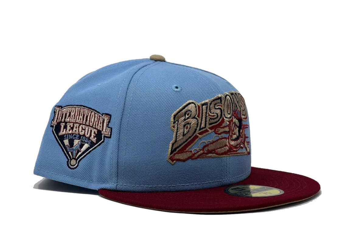 BUFALLO BISONS INTERNATIONAL LEAGUE SKY BURGUNDY TOAST BRIM NEW ERA FITTED HAT
