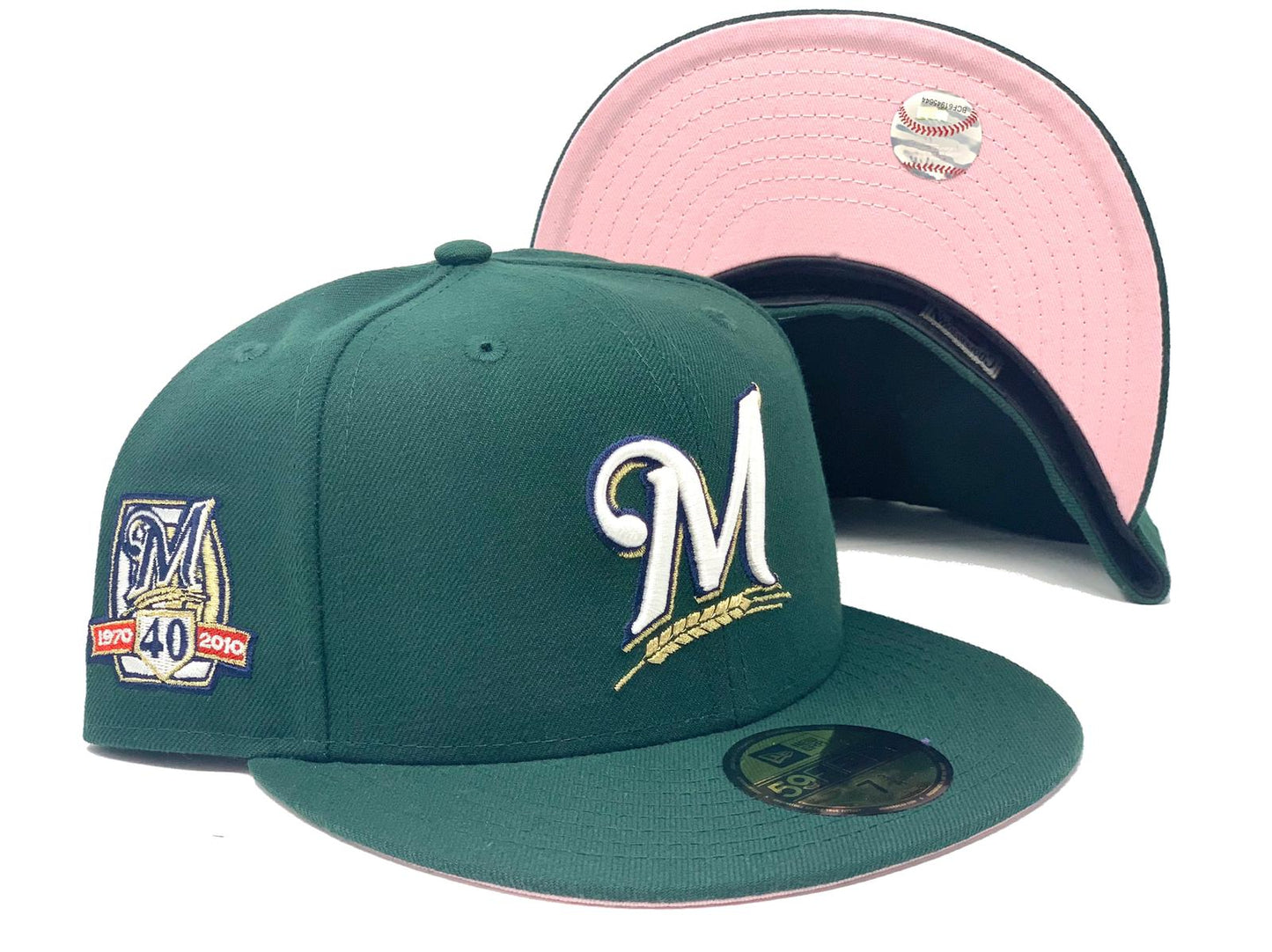 MILWAUKEE BREWERS 40TH SEASON DARK GREEN PINK BRIM NEW ERA FITTED HAT