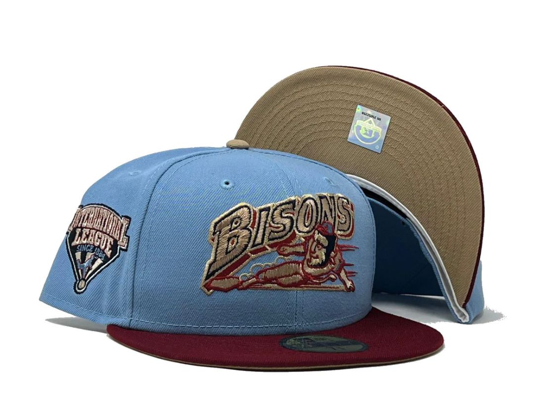 BUFALLO BISONS INTERNATIONAL LEAGUE SKY BURGUNDY TOAST BRIM NEW ERA FITTED HAT