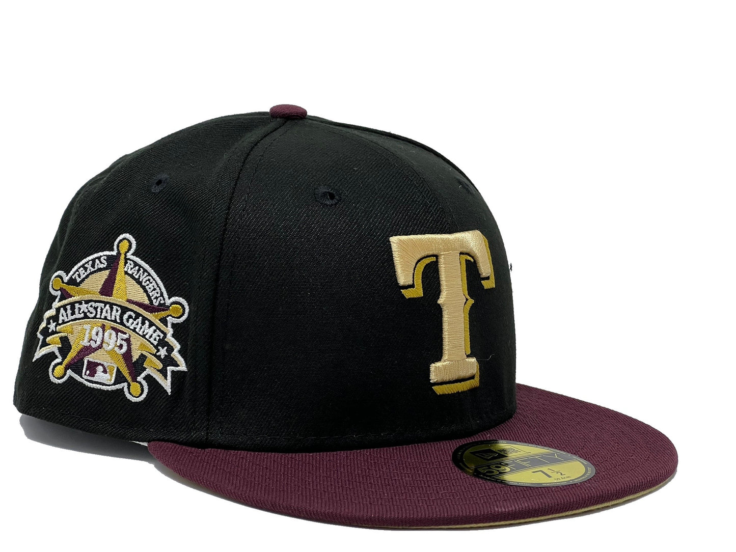 TEXAS RANGERS 1995 ALL STAR GAME BLACK MAROON VISOR VEGAS GOLD BRIM NEW ERA FITTED HAT