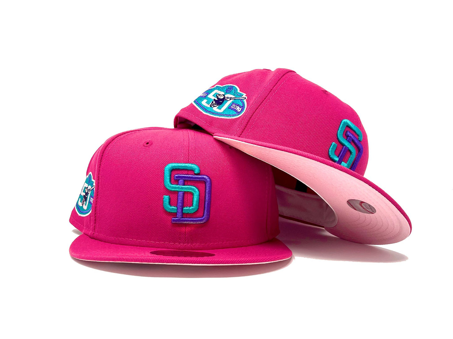 SAN DIEGO PADRES 50TH ANNIVERSARY "BUBBLE TAPE" PINK BRIM NEW ERA FITTED HAT