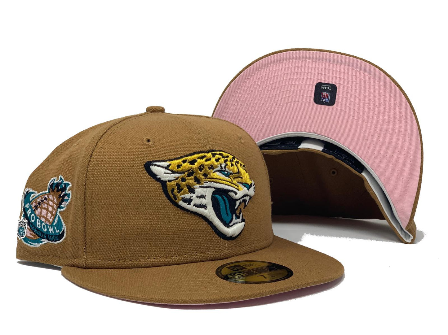JACKSONVILLE JAGUARS 1998 PRO BOWL LIGHT BRONZE PINK BRIM NEW ERA FITTED HAT