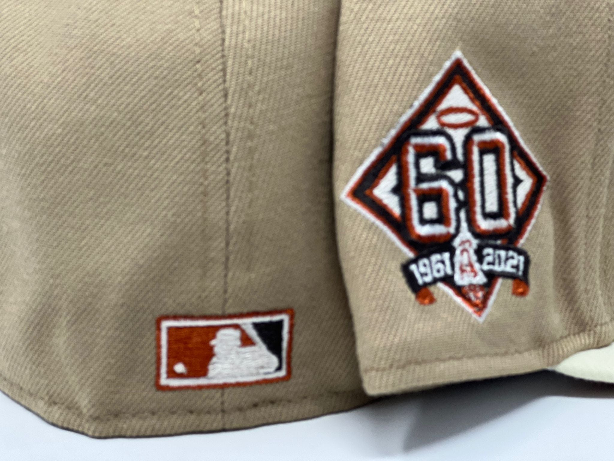 Tan Los Angeles Angels Olive Green Visor Orange Bottom 60th Anniversary Side Patch New Era 59FIFTY Fitted 71/8