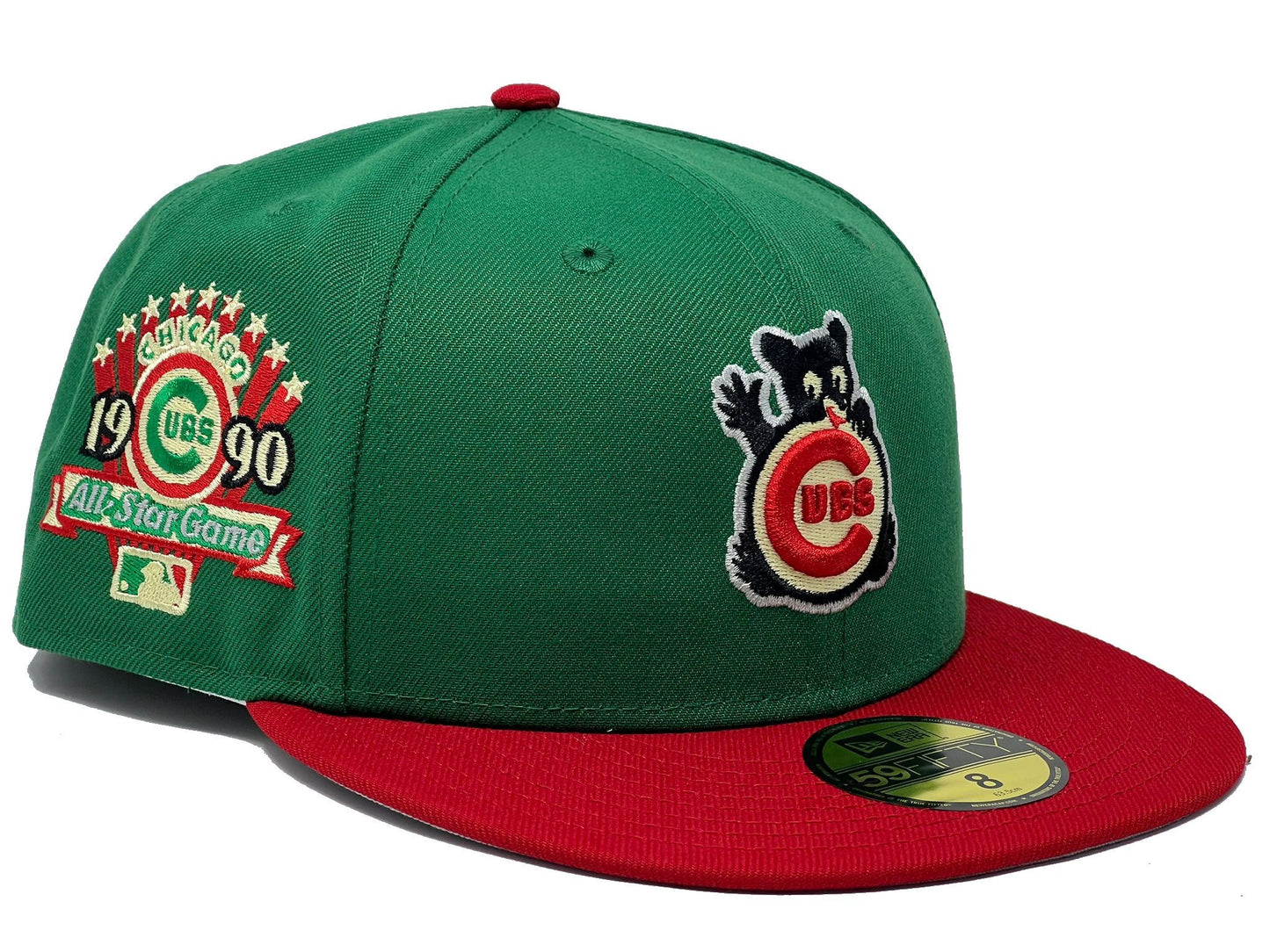 CHICAGO CUBS 1990 ALL STAR GAME "XMAS PACK" GREEN RED VISOR GRAY BRIM NEW ERA FITTED HAT