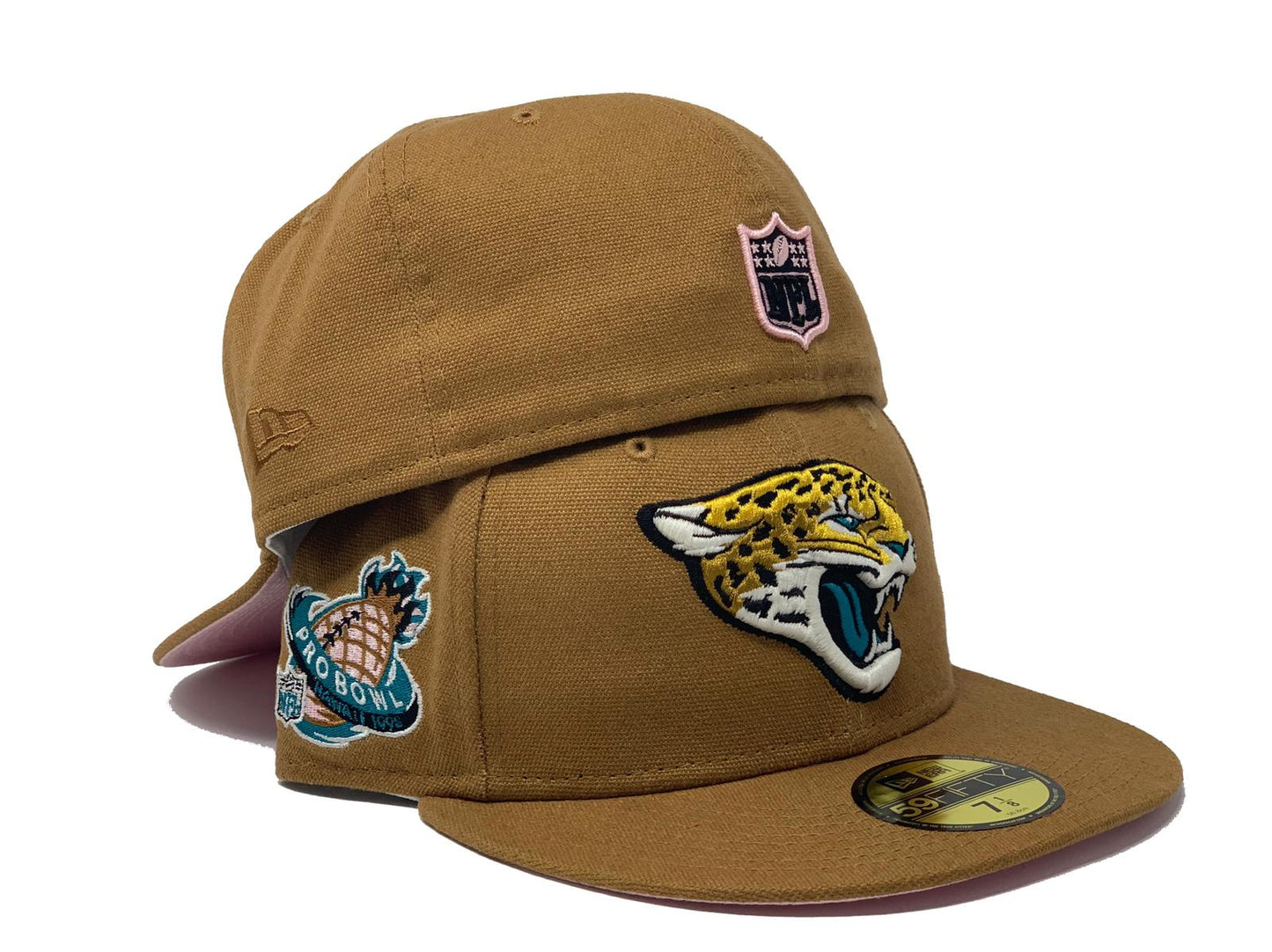 JACKSONVILLE JAGUARS 1998 PRO BOWL LIGHT BRONZE PINK BRIM NEW ERA FITTED HAT