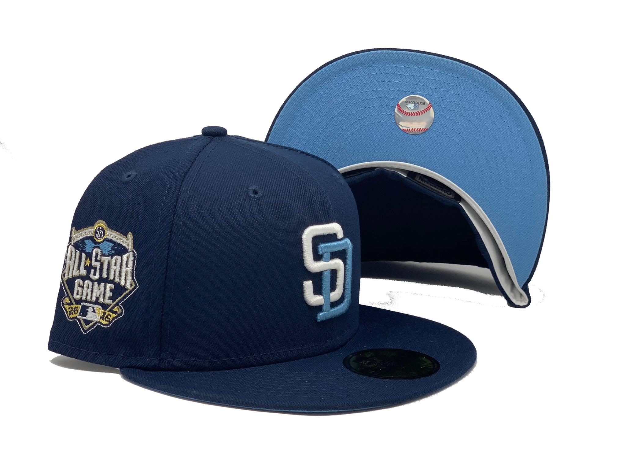 San Diego Padres 2016 All Star Game New Era Fitted 59Fifty Hat (Glow in the  Dark Navy Sky Blue Under Brim)