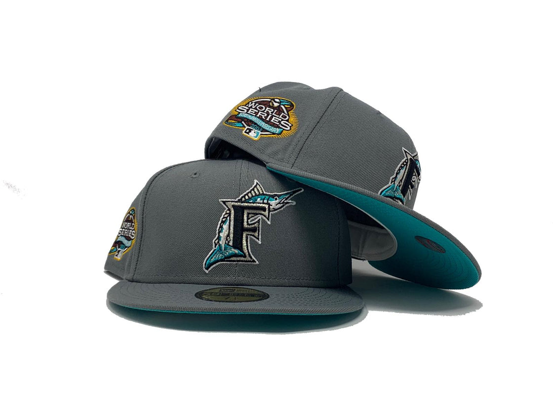 FLORIDA MARLIN  2003 WORLD SERIES STORM GRAY TEAL BRIM NEW ERA FITTED HAT
