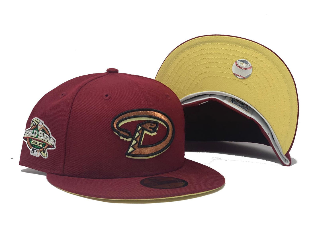 ARIZONA DIAMONDBACKS 2001 WORLD SERIES BURGUNDY BUTTER SOFT YELLOW BRIM NEW ERA FITTED HAT