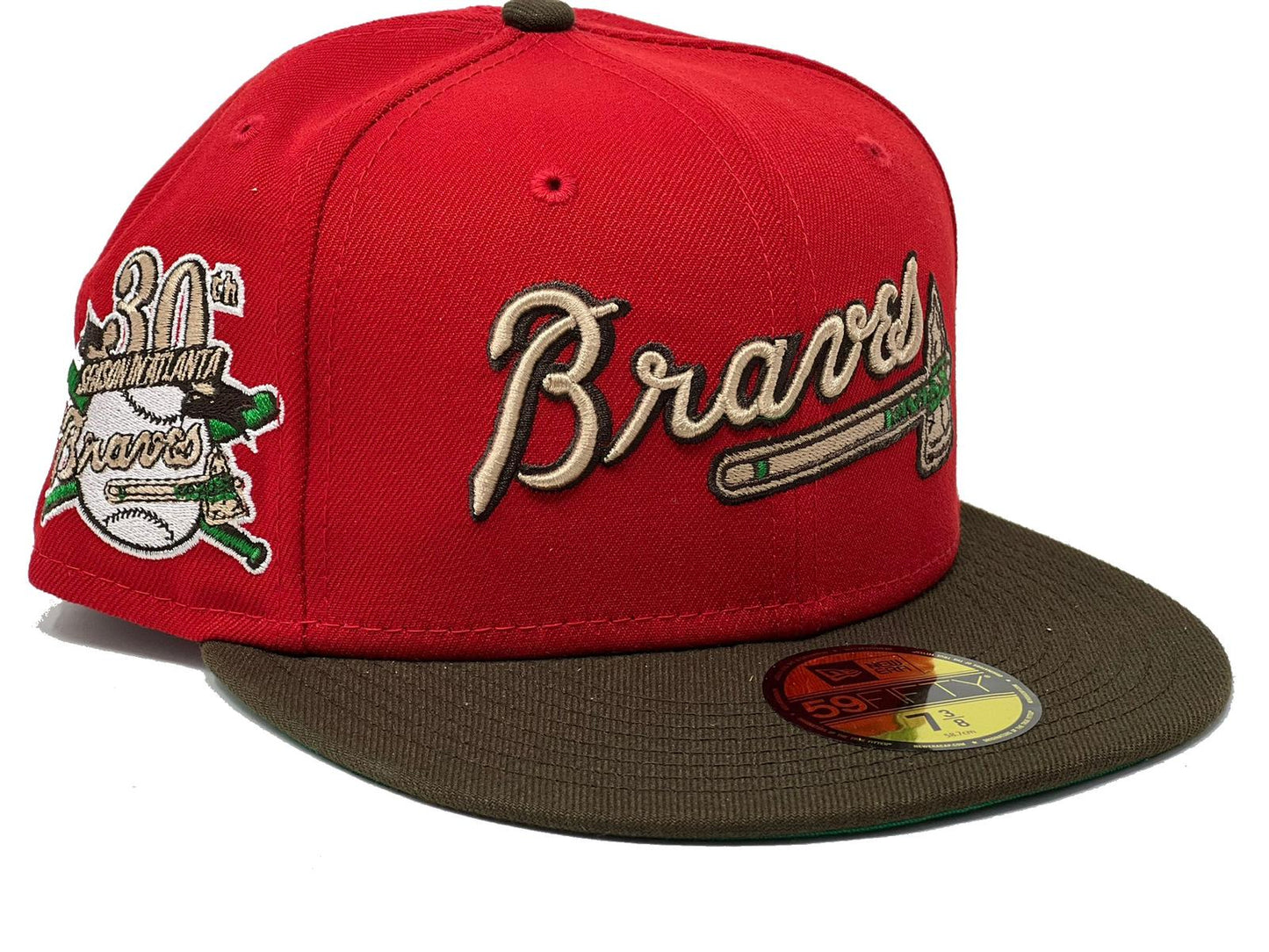 ATLANTA BRAVES 30TH ANNIVERSARY RED BROWN VISOR GREEN BRIM NEW ERA FITTED HAT