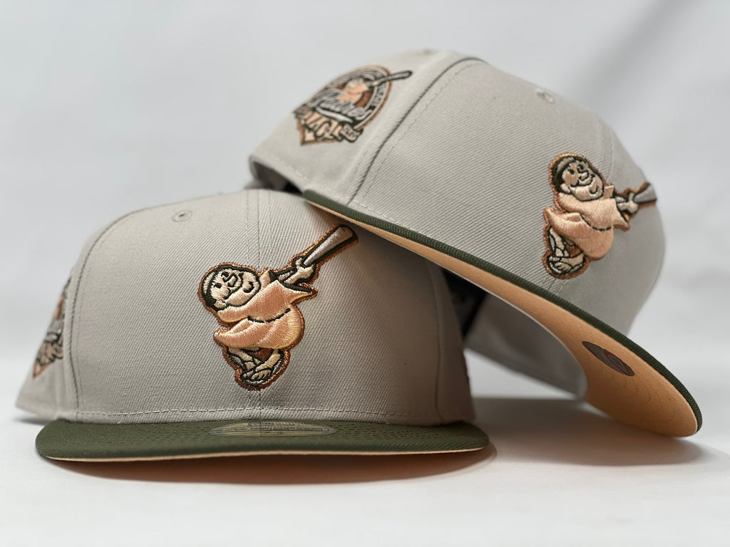 SAN DIEGO PADRES 40TH ANNIVERSARY STONE OLIVE VISOR PEACH BRIM NEW ERA FITTED HAT