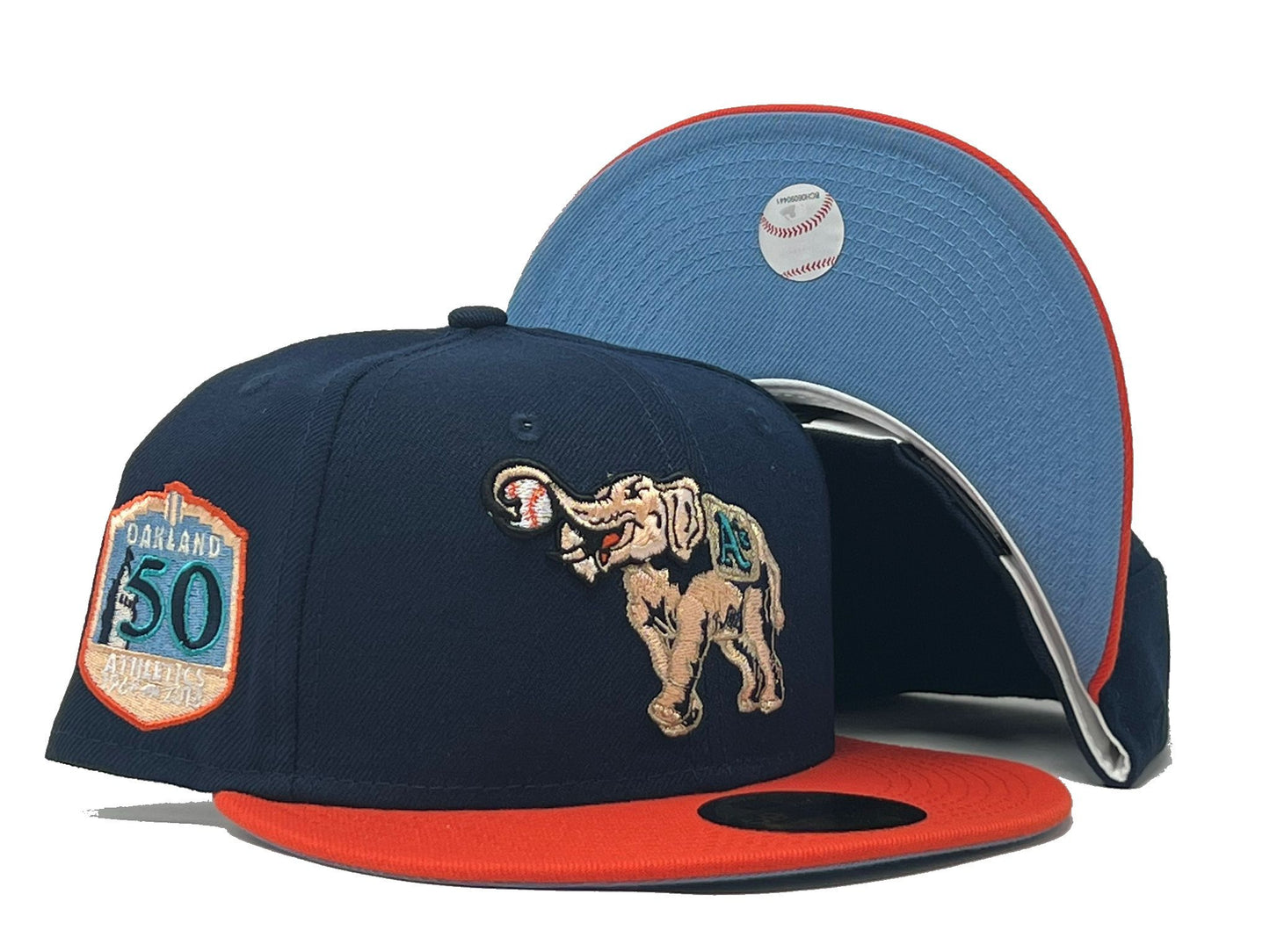 OAKLAND ATHLETICS 50TH ANNIVERSARY LIGHT NAVY ORANGE VISOR ICY BRIM NEW ERA FITTED HAT